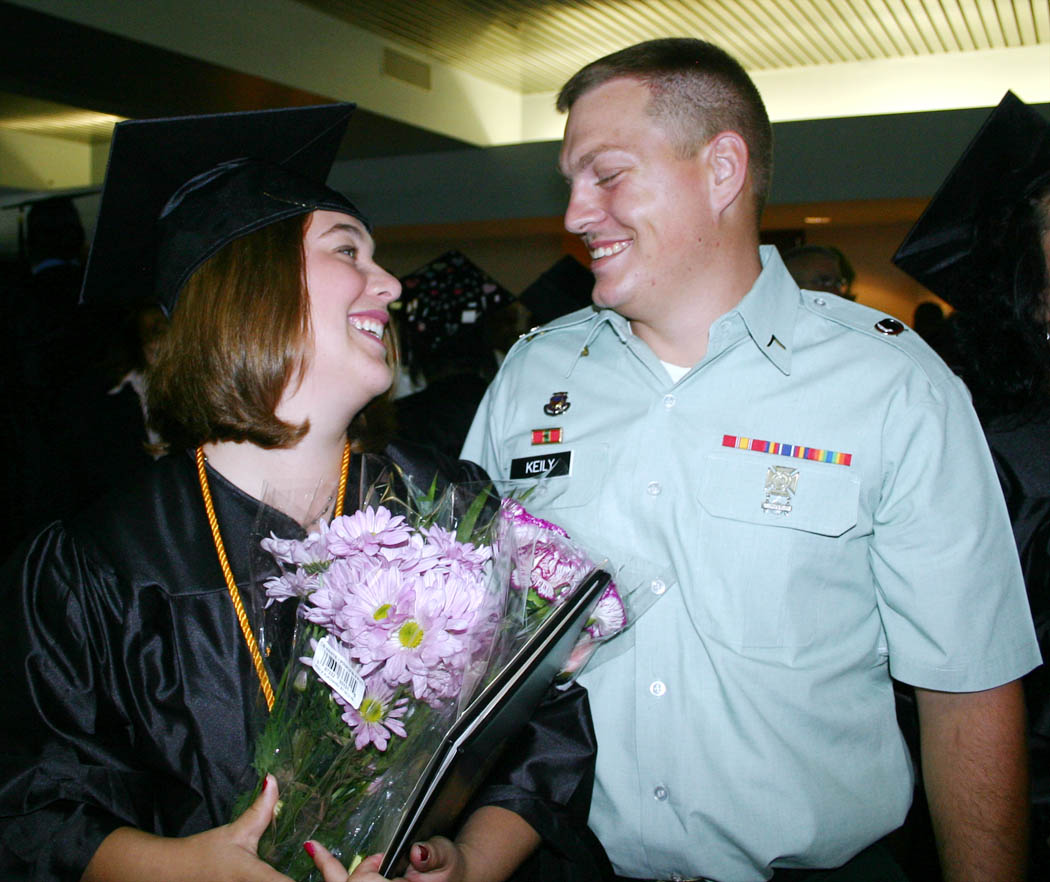 Click to enlarge,  Andrea Keily (left), of Cameron, Harnett County, received congratulatory flowers from her husband, Gary Keily III, after receiving her Associate in Applied Science in Medical Office Administration degree during Central Carolina Community College&#8217;s Summer Commencement exercises Friday in the Dennis A. Wicker Civic Center. During the summer, 89 students completed degrees, 102 earned diplomas, and 84, certificates. Teddy Byrd, chairman of the Harnett County Board of Commissioners delivered the commencement address.  