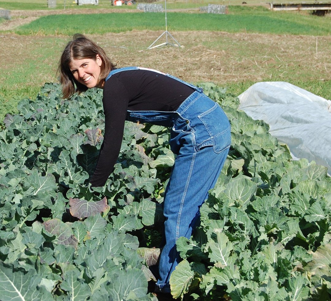 Click to enlarge,  Farmer Shiloh Avery works among the cabbages at Tumbling Shoals Farm. Avery and her husband, Jason Roerhig, established the transitional organic farm near Miller's Creek, N.C., and are now in their second year of harvests. The couple are among the young people who have been attracted to farming through sustainable agriculture, which uses environmentally friendly farming methods. Avery, who did not grow up in a farming family, prepared for her career by completing most of the sustainable agriculture classes offered by Central Carolina Community College. The college is known as 'Green Central' because of its extensive sustainability programs, including fuels, agriculture, and building/renewable energy. Ecotourism will start soon and a 'natural chef' culinary arts program is planned. In 2002, it became the first community college in the nation to offer an Associate of Applied Science in Sustainable Agriculture. For more information on Central Carolina Community College's sustainable agriculture programs, contact Robin Kohanowich at (919) 542-6495, ext. 229, or  rkohanowich@cccc.edu , or visit the college's web site,  www.cccc.ed u. 