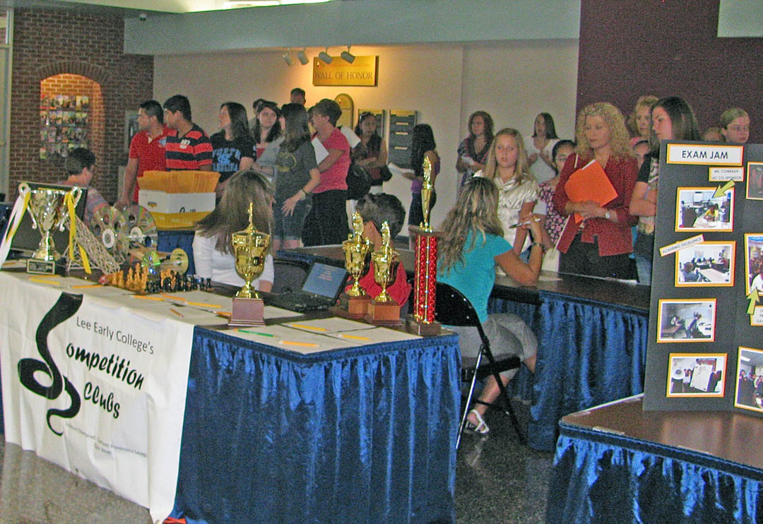 Click to enlarge,  The Dennis A. Wicker Civic Center lobby fills up with Lee Early College incoming students and parents during LEC's Aug. 1 Freshmen Orientation. Lee Early College, a collaboration of Lee County Schools and Central Carolina Community College, is located on the college's Lee County Campus. LEC students earn a high school diploma and associate degree, at no cost, within five years.  