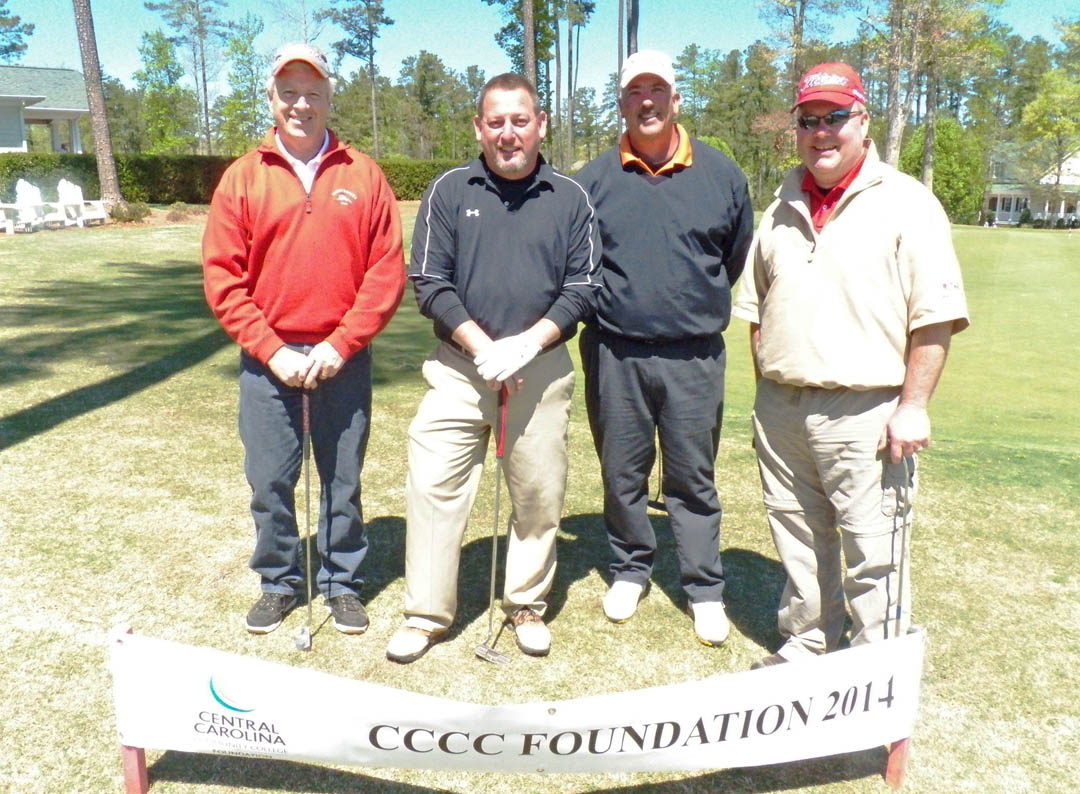 Click to enlarge,  A score of 68 earned the team of Pat Cochran, Jason Crabtree, Fred Flowers and Ken Edins, all of Chatham County, First Place in the Second Flight at the Central Carolina Community College Foundation's Chatham Golf Classic. Pat Cochran sponsored the team. The April 16 event, held at The Preserve at Jordan Lake Golf Club, attracted 50 golfers who combined fun with the serious goal of fundraising. Approximately $10,000 was raised, which will be used by the Foundation primarily for scholarships to assist CCCC students. The Foundation is a 501(c)(3) charitable organization affiliated with, but independent of, the college. For more information, contact Emily Hare, 919-718-7230, or ehare@cccc.edu; or Jonathan Hockaday, 919-718-7231 or jhockaday@cccc.edu. Information is also available at the CCCC Foundation  website, www.cccc.edu/foundation. 