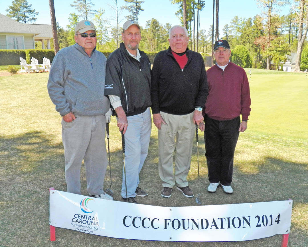 Click to enlarge,  A score of 71 earned the team of Bill Millholen, Terry Andrews, Steve Palmer and Henry Smith, all of Chatham County, Second Place in the Second Flight at the Central Carolina Community College Foundation's Chatham Golf Classic. Basic Machinery sponsored the team. The April 16 event, held at The Preserve at Jordan Lake Golf Club, attracted 50 golfers who combined fun with the serious goal of fundraising. Approximately $10,000 was raised, which will be used by the Foundation primarily for scholarships to assist CCCC students. The Foundation is a 501(c)(3) charitable organization affiliated with, but independent of, the college. For more information, contact Emily Hare, 919-718-7230, or ehare@cccc.edu; or Jonathan Hockaday, 919-718-7231 or jhockaday@cccc.edu. Information is also available at the CCCC Foundation  website, www.cccc.edu/foundation. 