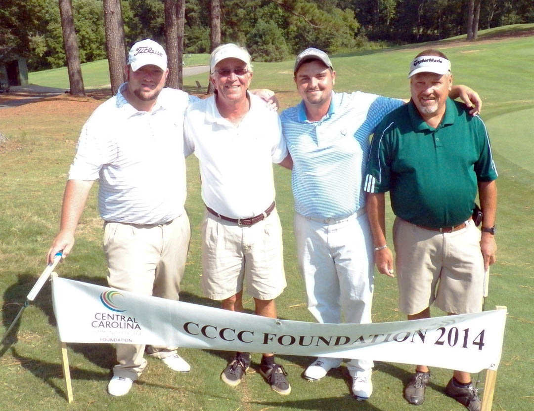 Click to enlarge,  The Central Carolina Community College Foundation's 25th Anniversary Golf Classic, held Sept. 17 at the Sanford Golf Course, attracted 140 golfers and raised $25,000 for student scholarships and other assistance. The winning foursome for the PM Shotgun Round, First Flight, with a team score of 52, were (not pictured in order) Jack Radley, Brandon Honeycutt, Tom Eschbach, and Keith Thomas. For information on giving to the Foundation or its fund-raising events, contact Emily Hare, director of the CCCC Foundation and Development Office, 919-718-7230, or ehare@cccc.edu.  
