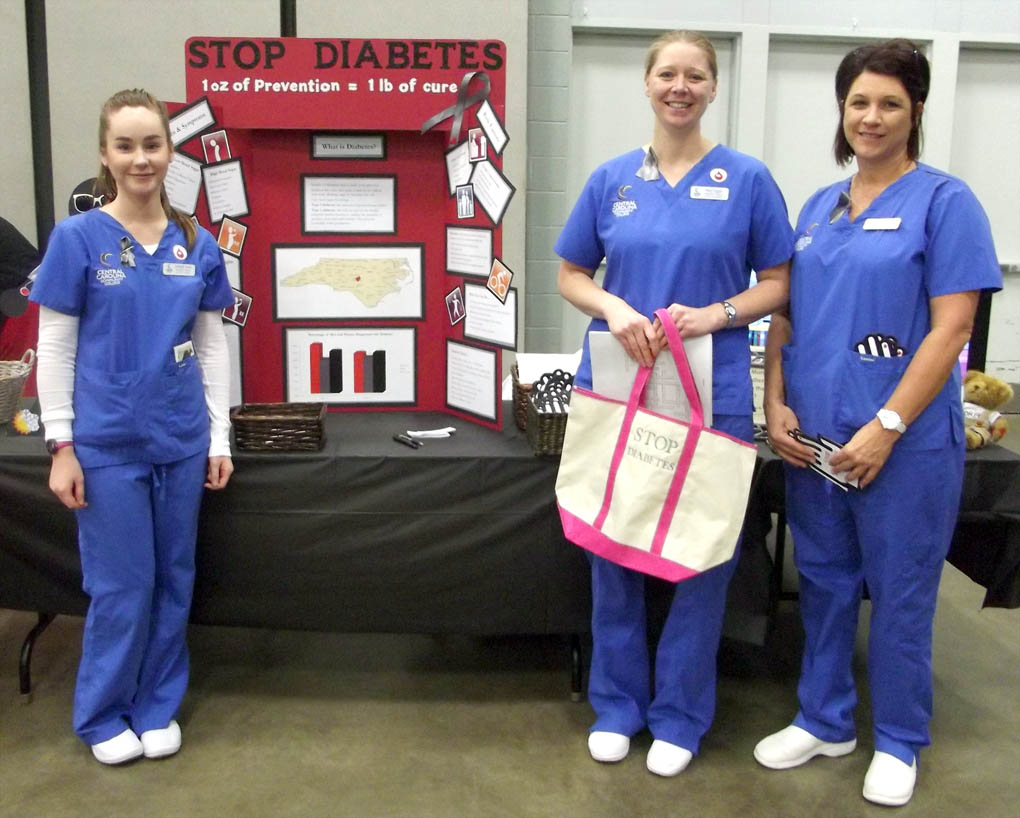 Click to enlarge,  These Central Carolina Community College nursing students - Ashleigh Turner, Stacy Leggio, and Terri Dawson - greeted visitors to the "Stop Diabetes" booth at the Lee County Schools/Central Carolina Community College Employee Health &amp; Benefits Fair on Nov. 4 at the Dennis A. Wicker Civic Center in Sanford. For more information on the CCCC nursing program, call 919-718-7461 or go to the college website at www.cccc.edu. 