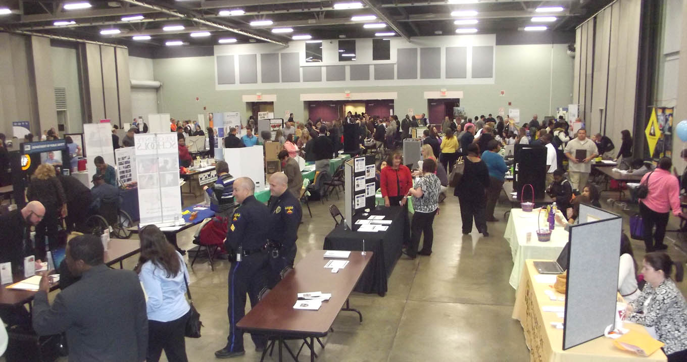 Click to enlarge,  More than 80 businesses, industries, health services, and agencies were present for the Central Carolina Community College Career Fair, which was held Thursday, March 19, at the Dennis A. Wicker Civic Center in Sanford. CCCC students had the opportunity to seek out opportunities for full-time and part-time employment, as well as internships. The CCCC Career Services Center is open 8 a.m. to 5 p.m. Monday through Thursday, and 8 a.m. to 3:30 p.m. Friday. To schedule an appointment or for more information, people can contact the Lee County Center at 919-718-7396, the Harnett County Center at 910-814-8834, or the Chatham County Center at 919-545-8054. Or, visit the CCCC website at www.cccc.edu/careercenter. 