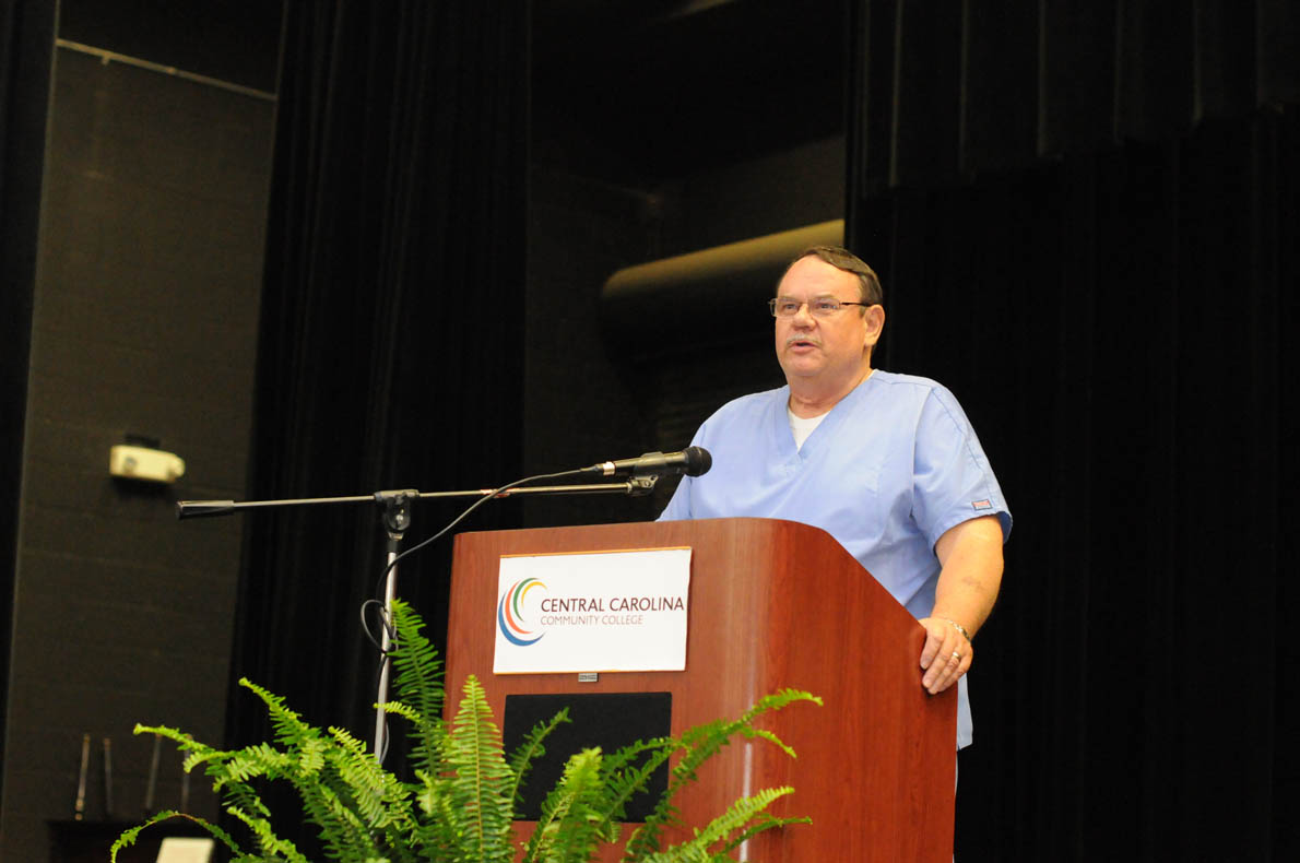 Click to enlarge,  Roger Goad, of Harnett County, was one of three student speakers at the Central Carolina Community College Continuing Education medical programs graduation. The event was held May 28 at the Dennis A. Wicker Civic Center in Sanford. For more information about Continuing Education medical programs, call Lennie Stephenson, CCCC's Director of Continuing Education medical programs, at 910-814-8833 or email lstephenson@cccc.edu. 