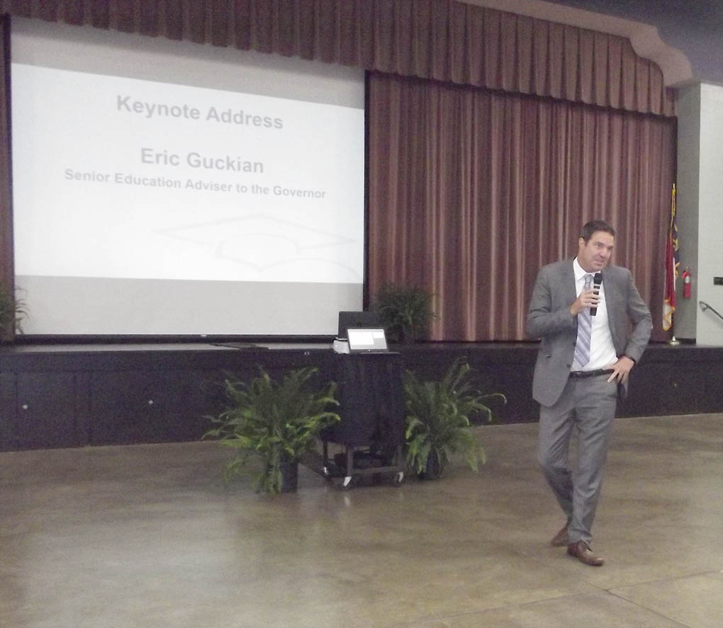 Click to enlarge,  Eric Guckian, Senior Education Advisor to Gov. Pat McCrory, was the keynote speaker at the Central Carolina Works' Summer Symposium held June 23-24 at the Dennis A. Wicker Civic Center. 