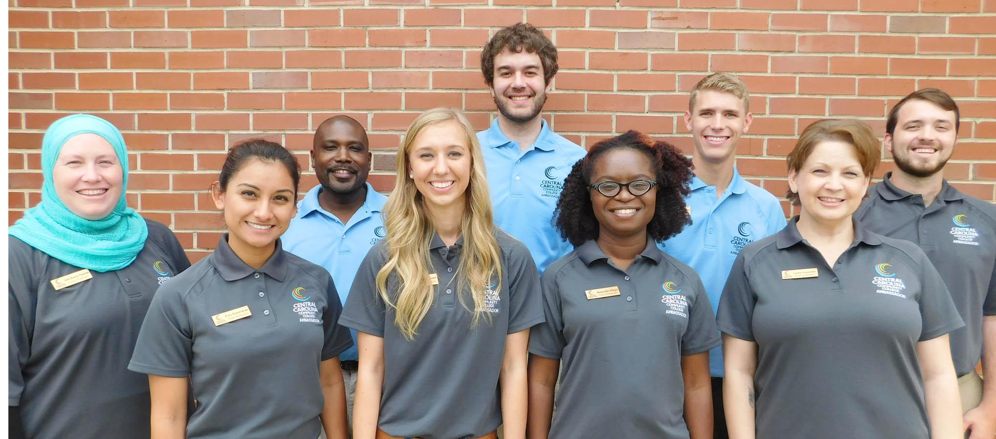 Click to enlarge,  The Central Carolina Community College Ambassadors for 2015-16 are pictured, left to right: front row, Sarah Shannon Mohamed, Cris Contreras, Landis Johnson, Rolander Mayo, and Lacey Kuenzler; back row, Chriss Harvin, Aaron Kovasckitz, Christian George, and David Pope III. Not pictured is Megan Blair. 