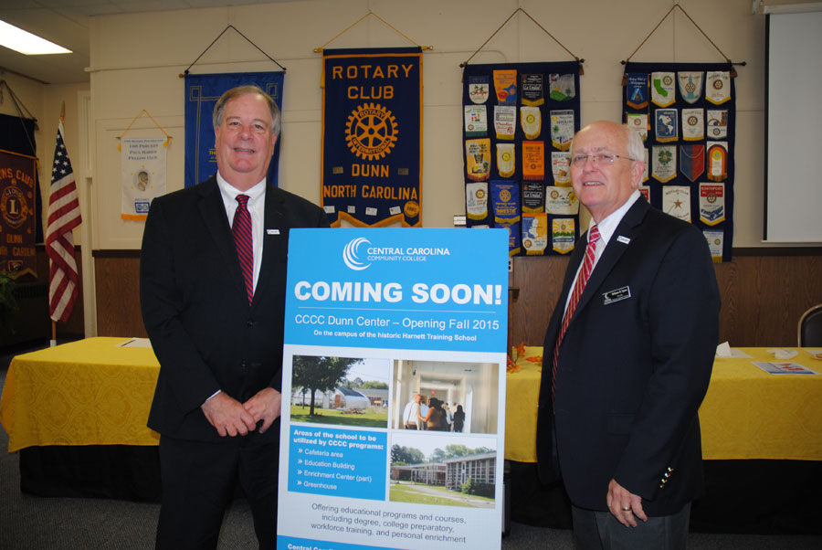 Click to enlarge,  Central Carolina Community College President Dr. Bud Marchant, left, and Harnett County campus Provost Bill Tyson at the Dunn Rotary meeting last week, describing offerings at the new Dunn Enrichment Center. Photo by Daily Record Photo/Lisa Farmer 