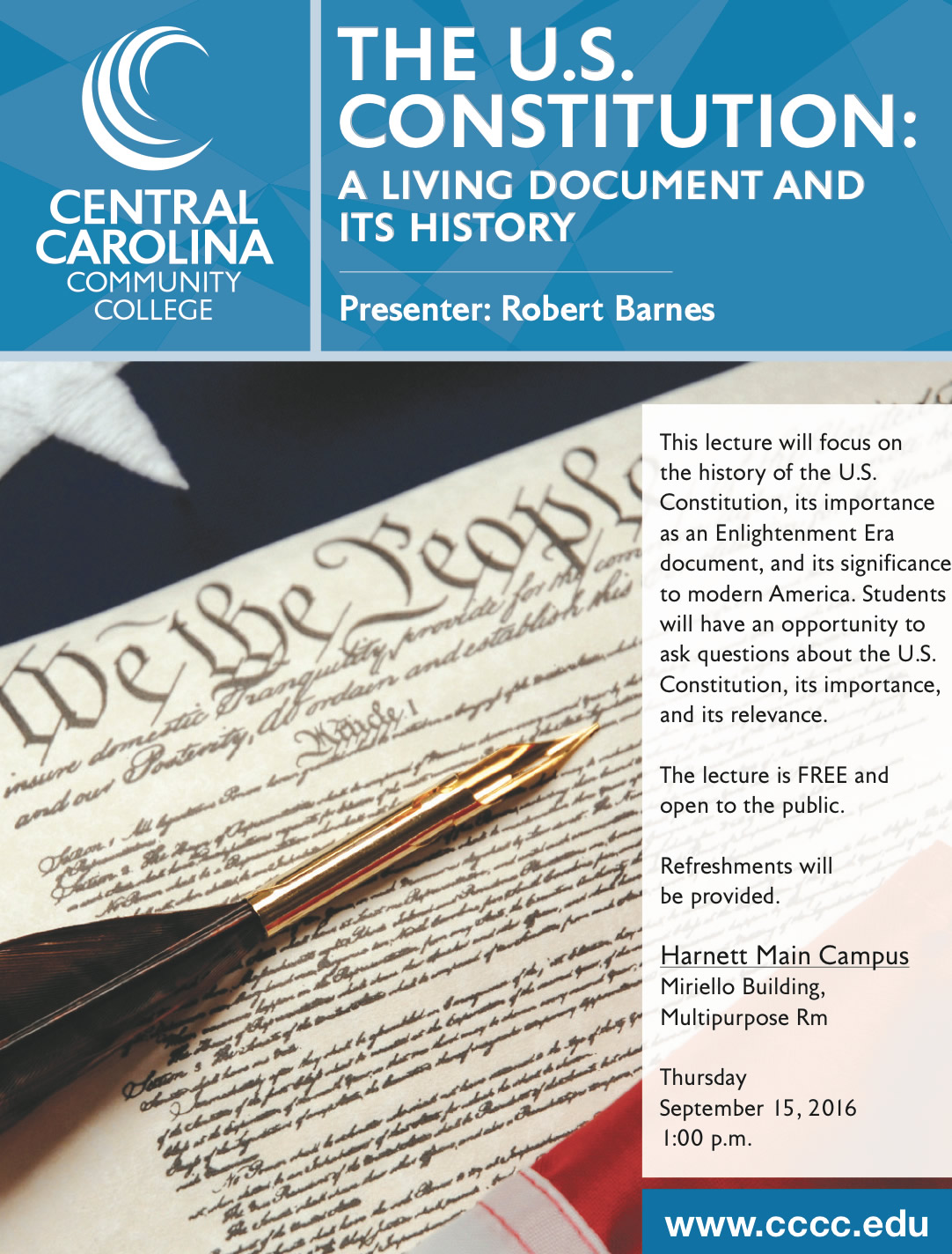Constitution lecture will take place at CCCC Harnett Main Campus