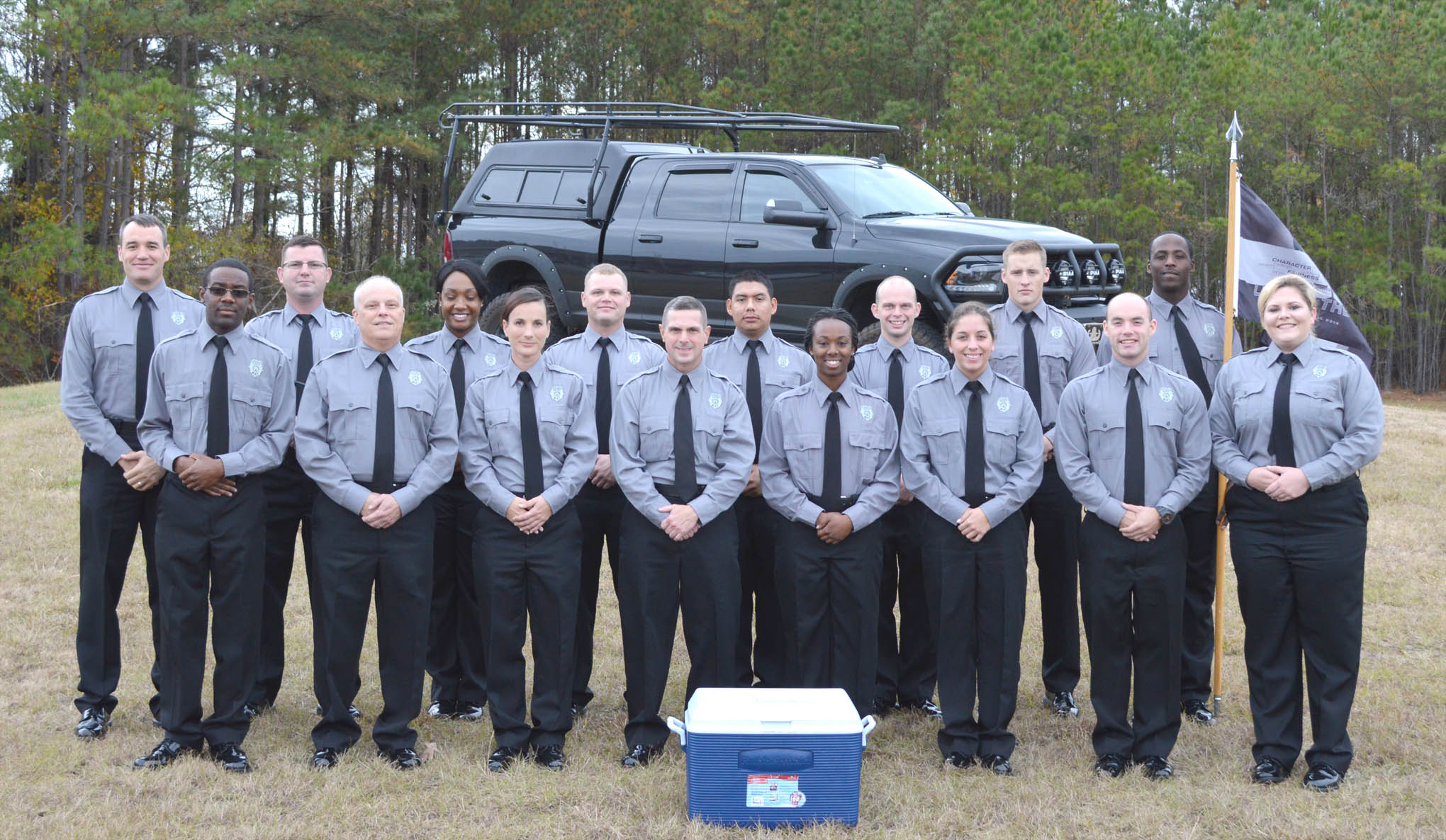 Click to enlarge,  Pictured are members of Central Carolina Community College's Basic Law Enforcement Training (BLET) Fall 2016 graduating class. Pictured are, left to right: first row, Demetrix Allen, David Schau, Mandy Leon, Robert Otis, Veronica Campbell, Jaime Rizzuto, Kristopher Higgins, and Kaitlin Shaver; second row, Class Capt. Robert Smith, Jacob Foil, Kamaria Hooker, Shawn Cronin, Ivan Rincon, Alexander Bennett, Donald Dunlap, and William Brown. For more information about the college's BLET program, visit www.cccc.edu/blet or contact Robert Powell at rpowell@cccc.edu or 919-777-7774. 