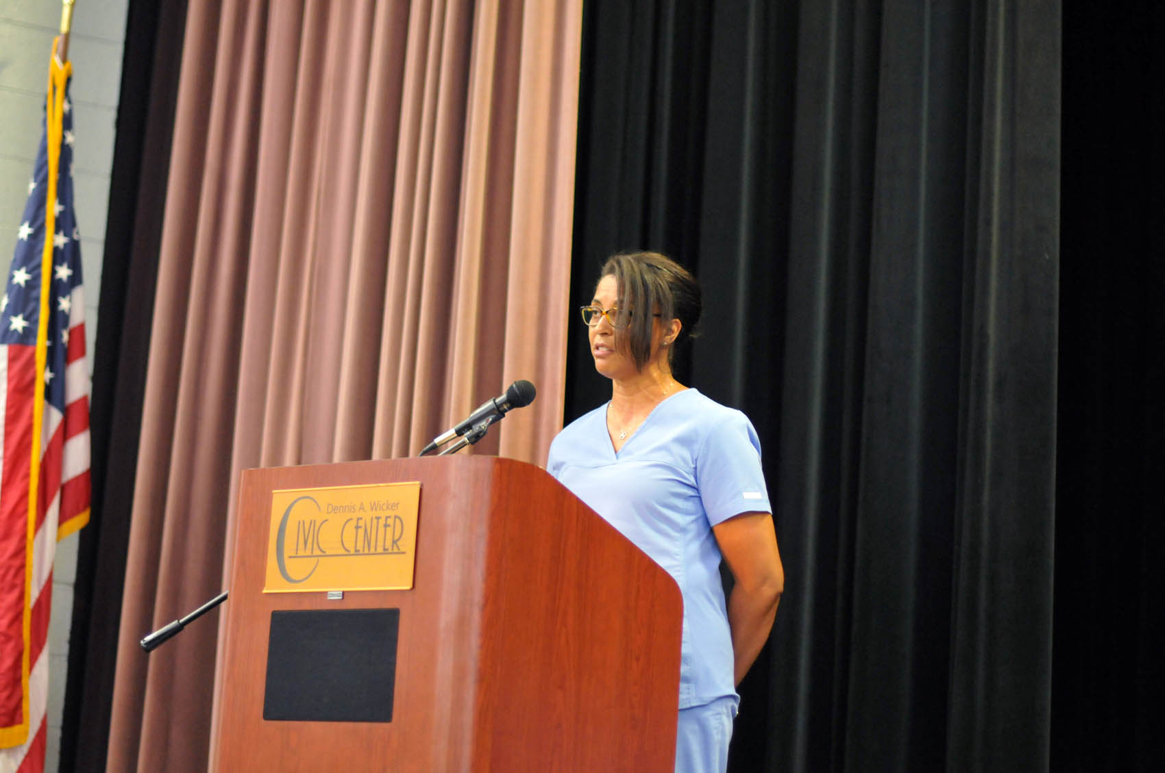 Click to enlarge,  Stacey Reyesmejia, of Cumberland County, was one of three student speakers at the Central Carolina Community College Division of Economic and Community Development Continuing Education medical programs graduation. The event was held May 25 at the Dennis A. Wicker Civic Center in Sanford. For more information about Continuing Education medical programs, call Lennie Stephenson, CCCC's Director of Continuing Education medical programs, at 910-814-8833 or email lstephenson@cccc.edu. 