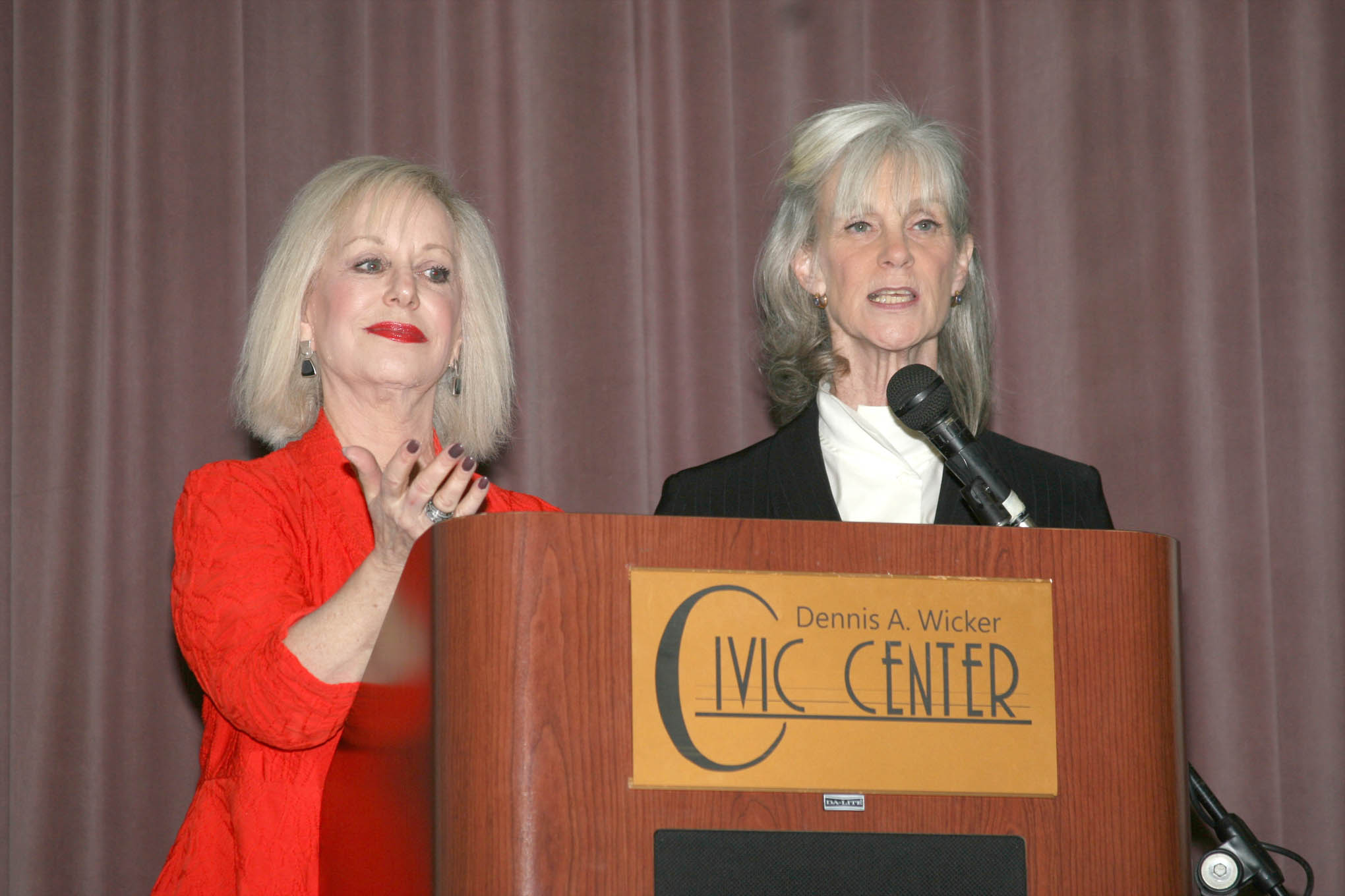 Click to enlarge,  Rose Mills (left) and Sharon Halperin are children of Holocaust survivors who spoke during the Holocaust Remembrance Event at Central Carolina Community College. 