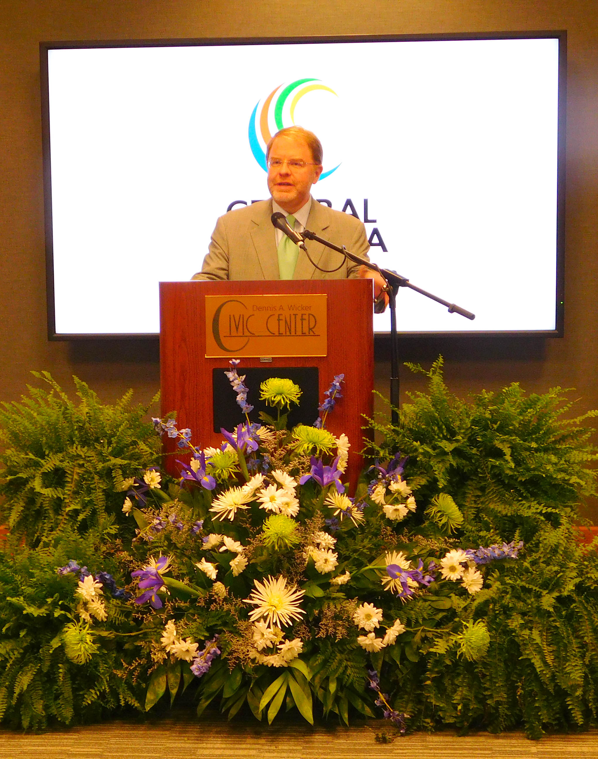 Click to enlarge,  Peter Hans, President of the N.C. Community College System, was one of the speakers for Central Carolina Community Grand Celebration -- the opening of the new Oscar A. Keller Jr. and Elderlene R. Keller Health Sciences Building and the expansion of the Dennis A. Wicker Civic Center. 
