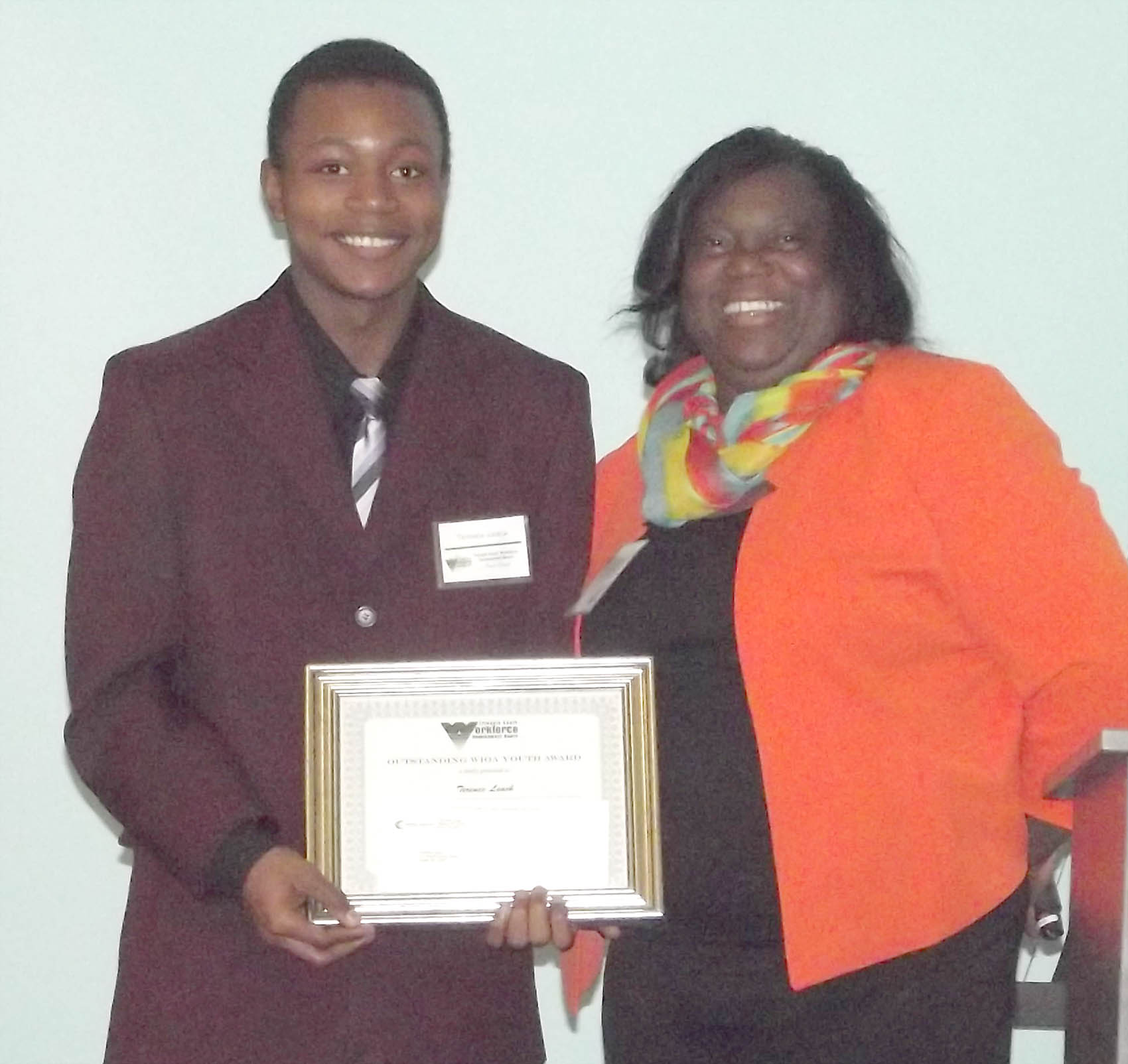 Click to enlarge,  Terence Leach, of Harnett County, received the Outstanding WIOA In-School Youth Award at the 7th Annual Triangle South Workforce Development Board (TSWDB) Awards Banquet held Wednesday, Dec. 5, at the Central Carolina Community College Harnett Health Sciences Center in Lillington. Presenting the award was Carolyn Blue, TSWDB Member. 
