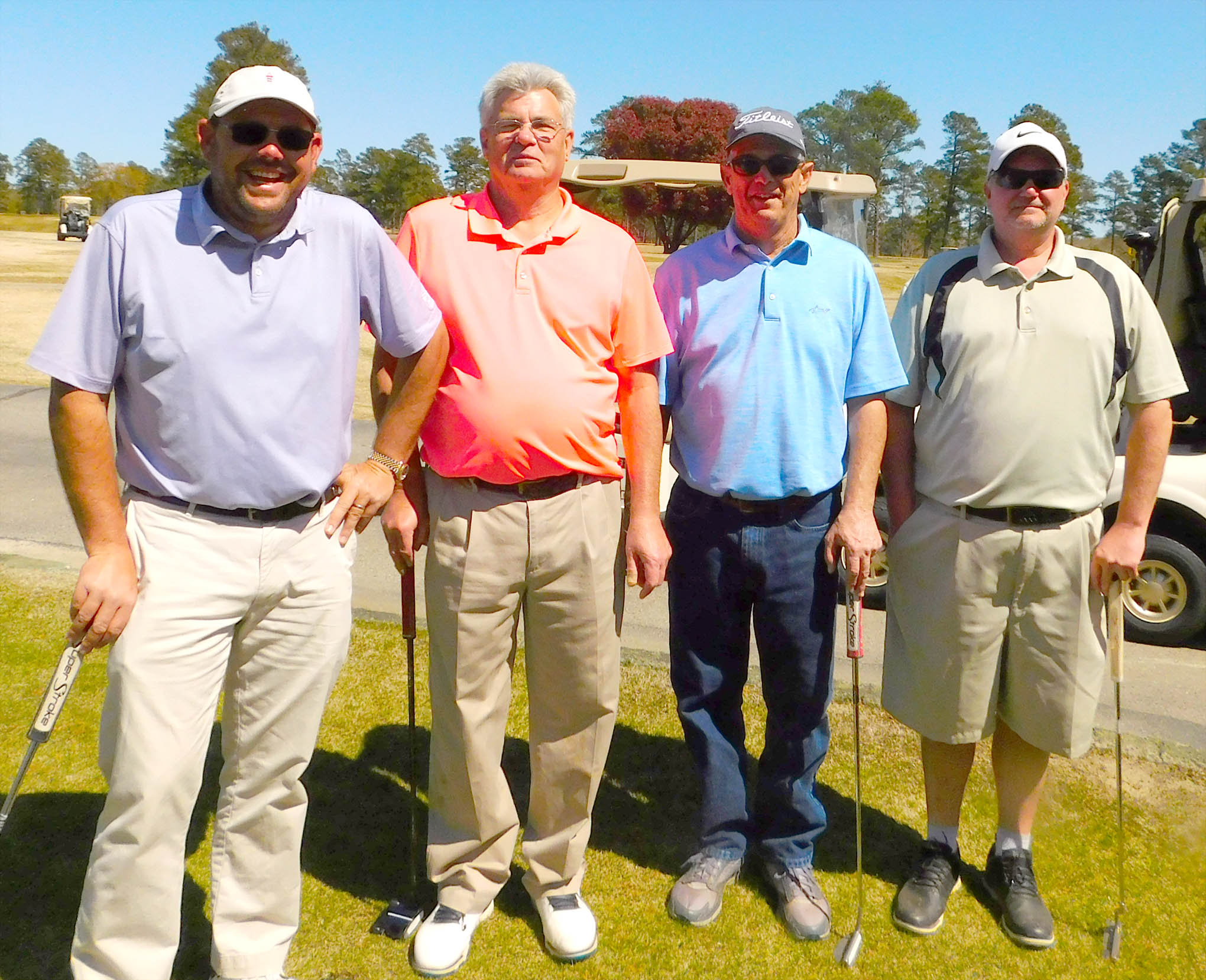 Click to enlarge,  Members of the first flight winning team in the sixth Central Carolina Community College Foundation Harnett Golf Classic were Elmon Williams, Wayne Wood, Brad Weaver, and Mike Thompson. For information about the Foundation, donating to it, establishing a scholarship, or other fund-raising events, contact Dr. Emily Hare, Executive Director of the CCCC Foundation, 919-718-7230, or ehare@cccc.edu. Information is also available at the CCCC Foundation website, www.cccc.edu/foundation. 