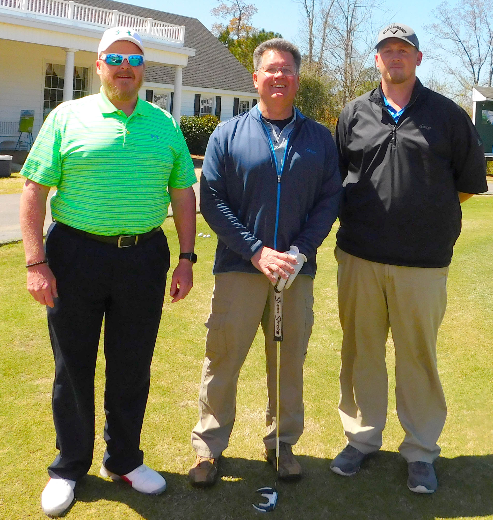 Click to enlarge,  Members of the first flight third-place team in the sixth Central Carolina Community College Foundation Harnett Golf Classic were Steven Hamby, Wallace Simmons, and Larry Shaver. For information about the Foundation, donating to it, establishing a scholarship, or other fund-raising events, contact Dr. Emily Hare, Executive Director of the CCCC Foundation, 919-718-7230. Information is also available at the CCCC Foundation website, www.cccc.edu/foundation. 
