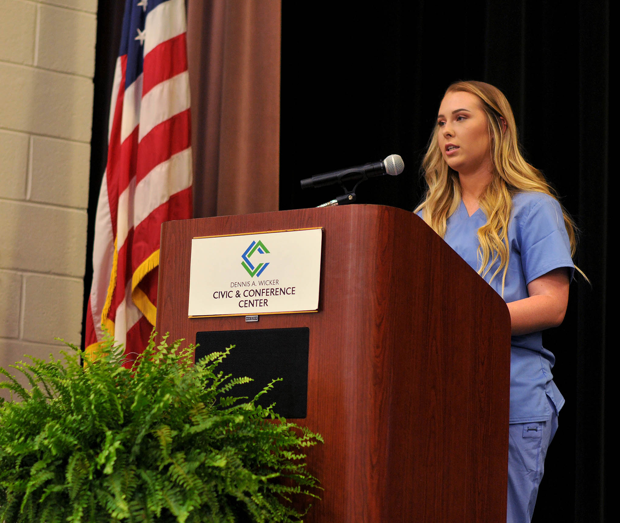Click to enlarge,  Gillian Walter was one of the student speakers at the Central Carolina Community College Continuing Education Medical Programs graduation. The event was held June 13 at the Dennis A. Wicker Civic &amp; Conference Center in Sanford. 