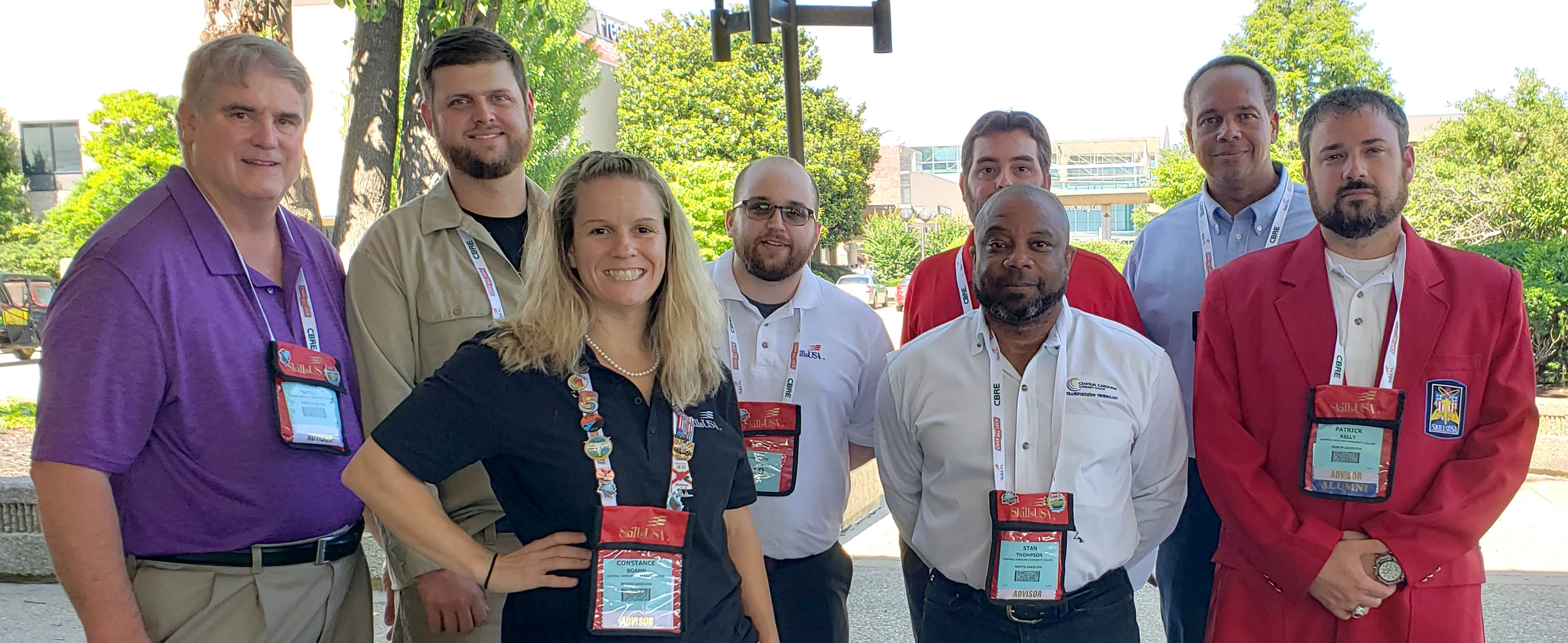 Click to enlarge,  Attending the SkillsUSA National Leadership and Skills Conference in Louisville, Ky., were, left to right: front row, CCCC Department Chair for Engineering and Computer Information Technologies Constance Boahn, CCCC Lead Motorcycle Mechanics Instructor Stanley Thompson, and CCCC SkillsUSA Advisor Patrick Kelly; back row, CCCC Lead Welding Instructor Charles Bell, SkillsUSA Championships participant James Culbreth, SkillsUSA Championships participant Jordan Norris, CCCC NET Instructor John Ainsworth, and SkillsUSA Championships participant Trevor Brown. 