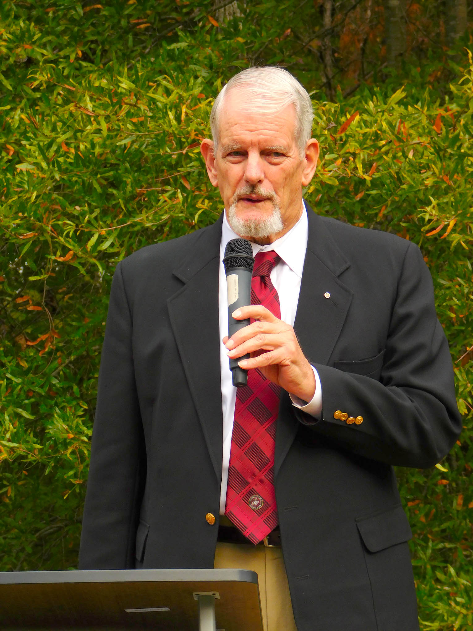Click to enlarge,  Thomas Glendinning, a Marines veteran, was among the speakers at the 2019 Veterans Day observance at the Central Carolina Community College Siler City Center. 