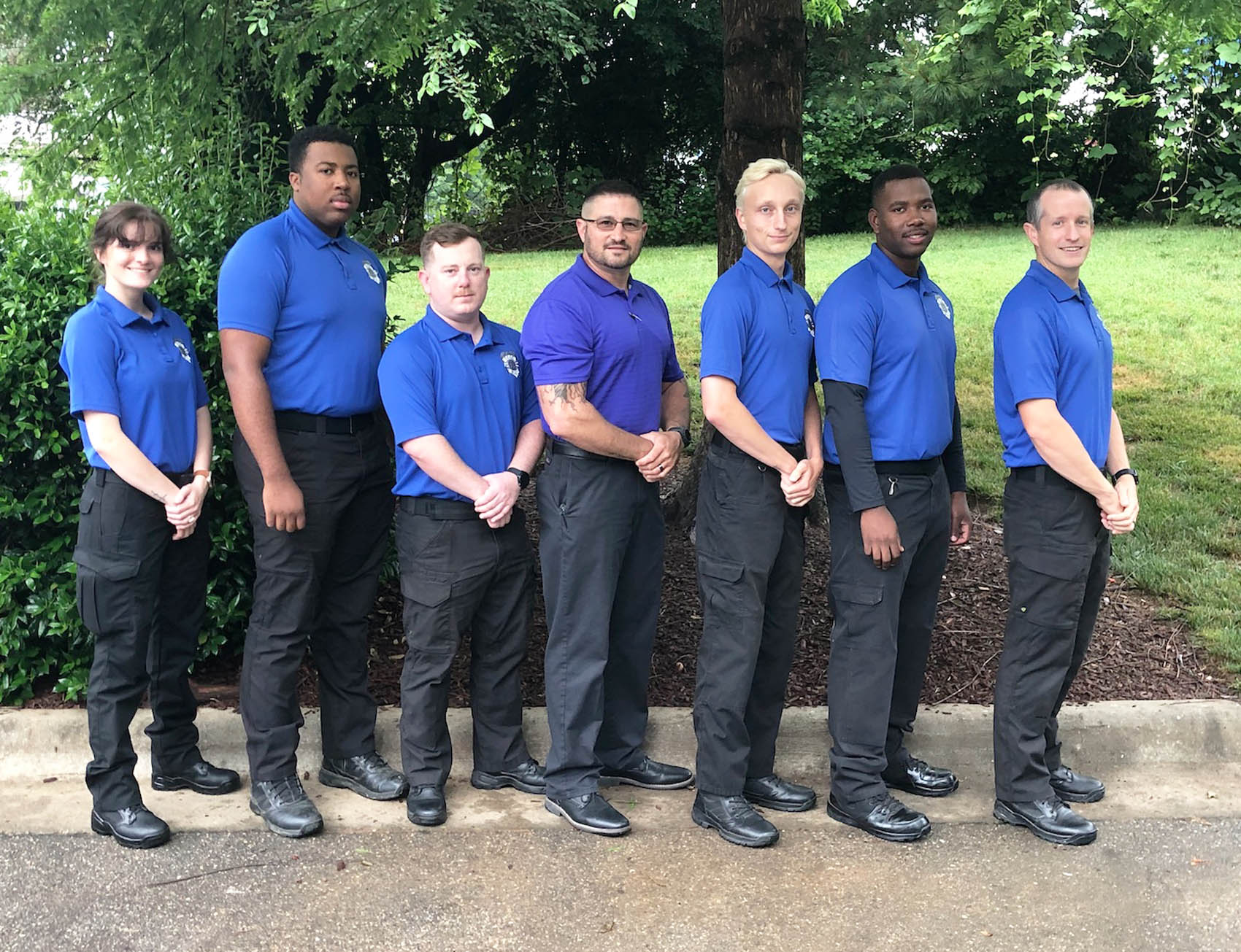 Click to enlarge,  Members of the Central Carolina Community College Spring 2021 Basic Law Enforcement Training Day Class are, left to right: Megan Holder, Cortrell Woodard, Jesse Cox, Director Neil Ambrose, Vincent Iorio, Christopher Scales, and Thomas Briley. 