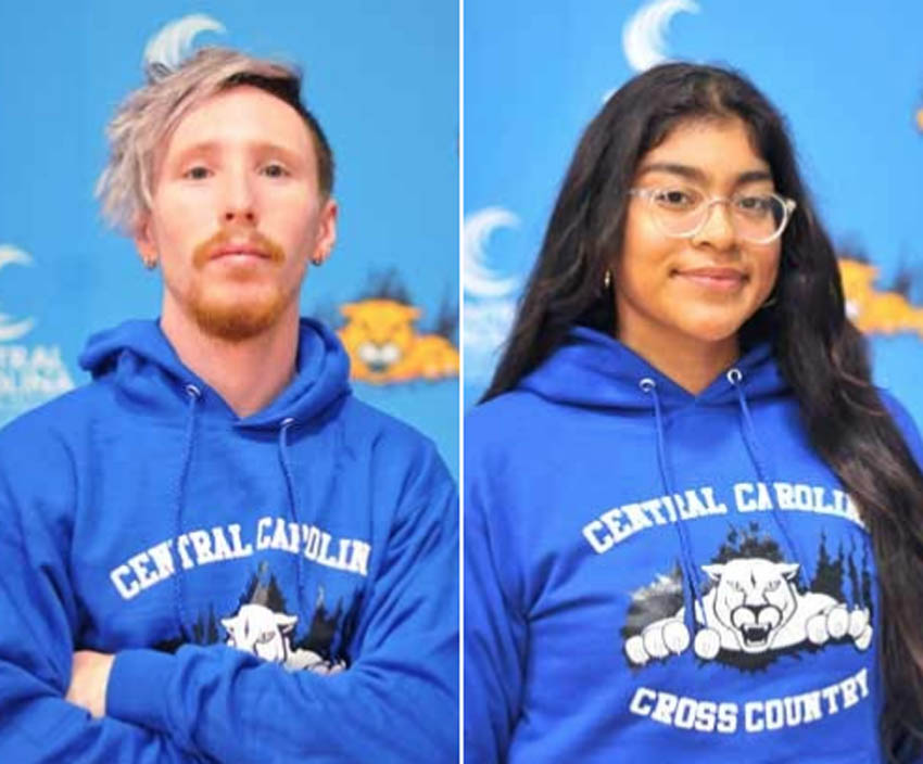 Click to enlarge,  Britt Lehman (left) and Bersai Perez (right) led the Central Carolina Community College men's and women's cross country teams to the National Junior College Athletic Association Region X Division III Championships. Lehman finished first in the men's division and Perez finished first in the women's division. 