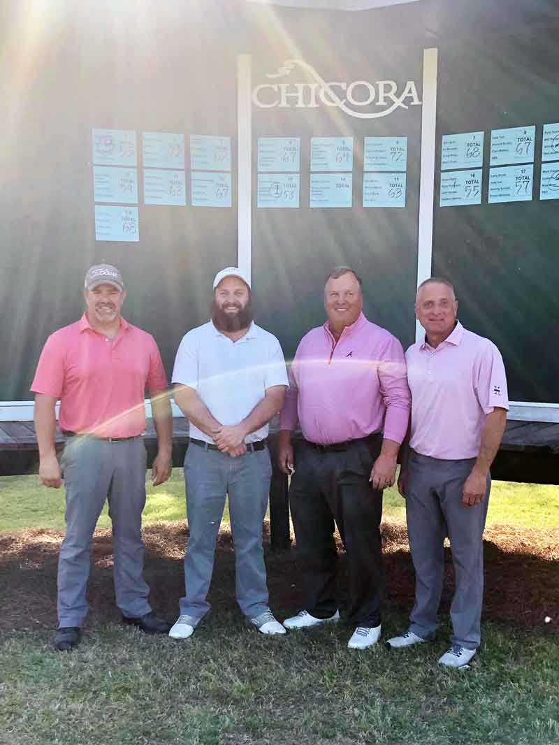 Click to enlarge,  The team of Kyle Turlington, Will Peregoy, Johnny Peregoy, and Dan Jordan -- sponsored by Turlington Real Estate - finished second in the Ninth Central Carolina Community College Foundation Harnett Golf Classic April 20 at Chicora Golf Club. 