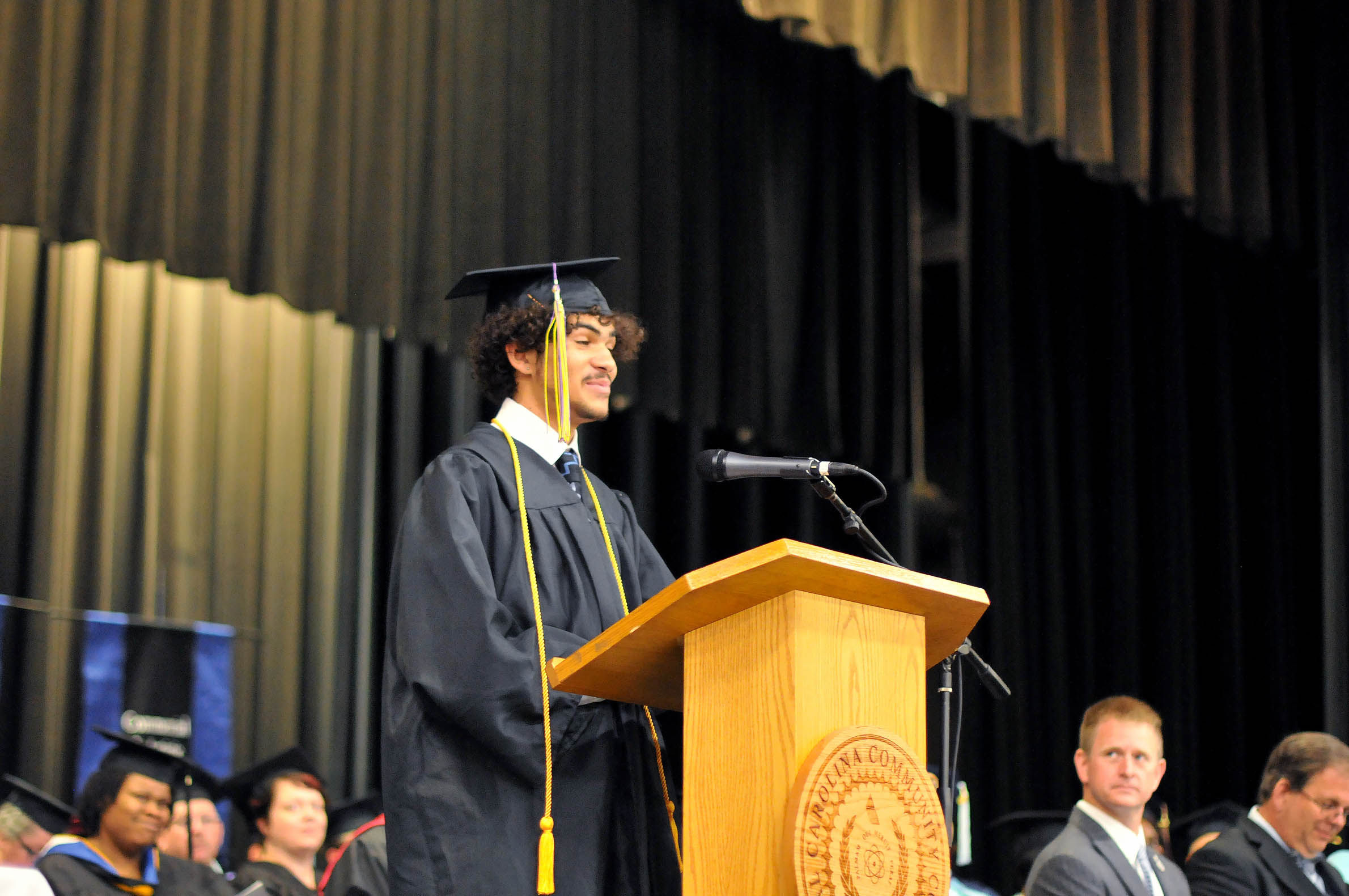 Click to enlarge,  Jordan Glover was one of the student speakers at the Central Carolina Community College summer graduation on Aug. 9 at the Dennis A. Wicker Civic &amp; Conference Center in Sanford. 