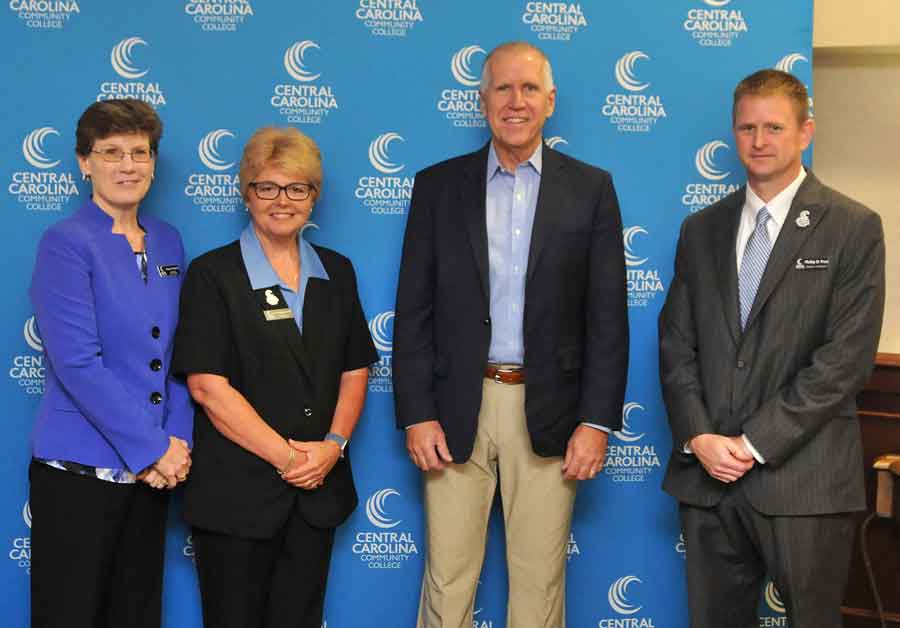 Click to enlarge,  U.S. Senator Thom Tillis (second from right) visits with Central Carolina Community College officials (left to right) Margaret Roberton (CCCC Vice President for Workforce Development), Dr. Lisa M. Chapman (CCCC President) and Dr. Phillip Price (CCCC Executive Vice President/Chief Financial Officer). 
