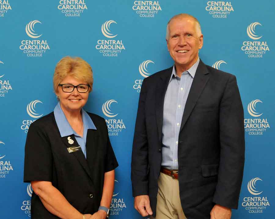 Click to enlarge,  U.S. Senator Thom Tillis (right) visits with Central Carolina Community College President Dr. Lisa M. Chapman. 