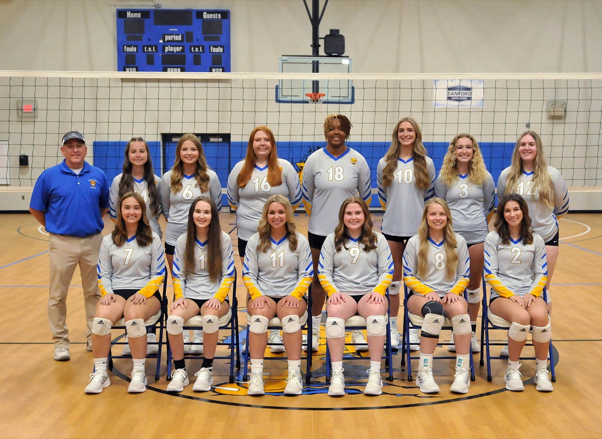 Click to enlarge,  Members of the Central Carolina Community College 2023 volleyball team are pictured, left to right: first row, Kendal Gaines, Zoey Hodges, Carley Marcum, Kassidy Gross, Olivia Jones, and Johnna Lawrence; second row, Coach Dal Langston, Savanna Rosser, Karli Bullard, Anna Strickland, Janie Ragsdale, Kammie Naude, Ashlee Rains, and Kailey Edwards. 