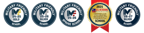 Military Friendly School (2024-2025 Gold, 2025-2026 Silver, 2025-2026 Spouse, and 2026-202 Silver), Top Veteran Friendly School by US Veteran Magazine, 